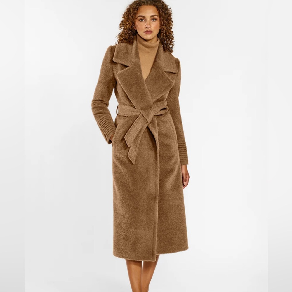 SENTALER Bouclé Alpaca Long Notched Collar Wrap Coat Dark Camel XS Never Worn